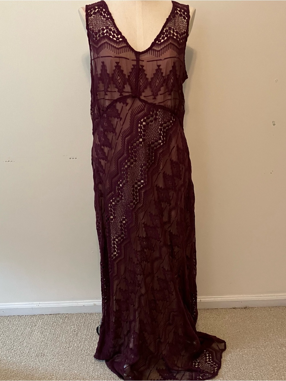Sundance Y2K Silk Purple Crochet Lace Sheer Maxi Tank Sheath Dress 14 Babydoll